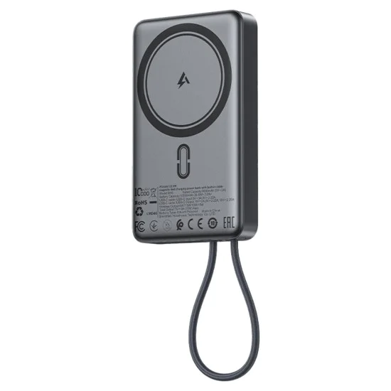 Външна батерия – Acefast (M18-10000) – магнитна, с вграден кабел, USB-C, 10000mAh, 38.5Wh, PD22.5W, LED светлина – Черен