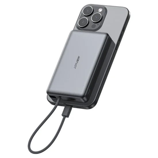 Външна батерия – Acefast (M18-10000) – магнитна, с вграден кабел, USB-C, 10000mAh, 38.5Wh, PD22.5W, LED светлина – Черен