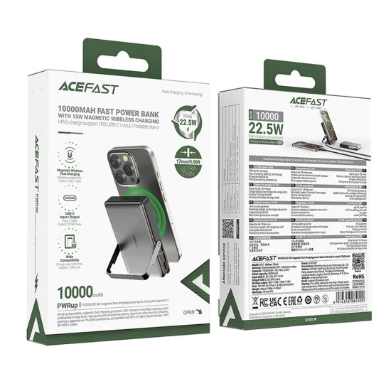 Магнитна безжична външна батерия (M17-10000) - Acefast - Сгъваема стойка, USB-C порт, 10000mAh, 22.5W, LED индикатор - Черно