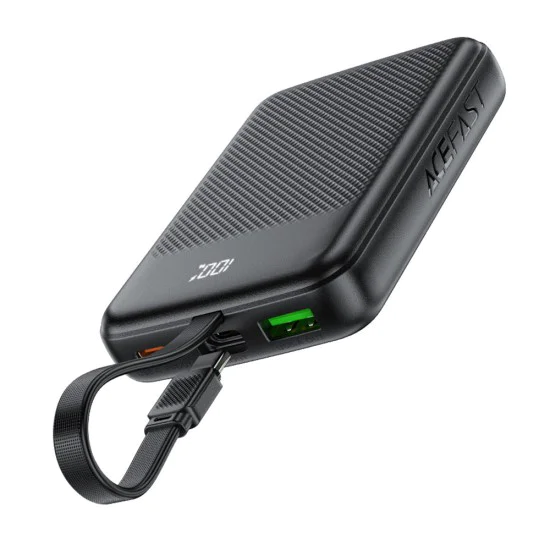 Външна батерия – Acefast (M13-10000) – с вграден кабел, Type-C, USB, 10000mAh, 38.5Wh, PD22.5W, LED дисплей – Черен