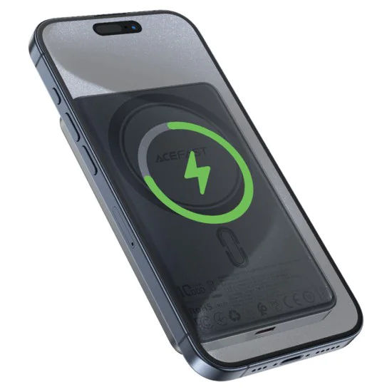 Външна батерия – Acefast (M12-10000) – магнитна, ултратънка, Type-C, 10000mAh, 38.7Wh, PD20W, LED индикатор – Черен