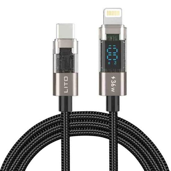 Lito - Кабел за данни (LD09CL) - Lightning към Type-C, 36W високоскоростно зареждане, LED дисплей, 1.2 м - Черен