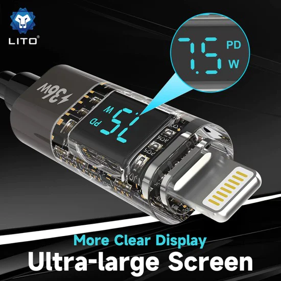 Lito - Кабел за данни (LD09CL) - Lightning към Type-C, 36W високоскоростно зареждане, LED дисплей, 1.2 м - Черен