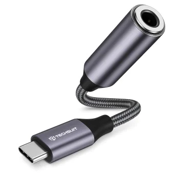 Techsuit - Премиум кабелен адаптер MusicDoX (AC8) - Type-C към Jack, Hi-Fi звук, DAC чип, 3A, 0.1 м - Сив