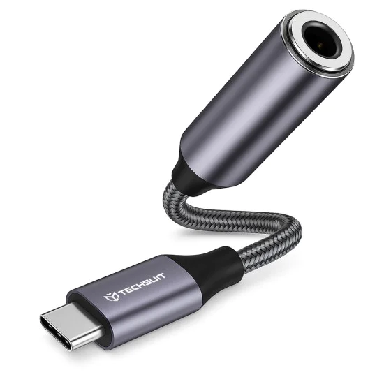 Techsuit - Премиум кабелен адаптер MusicDoX (AC8) - Type-C към Jack, Hi-Fi звук, DAC чип, 3A, 0.1 м - Сив