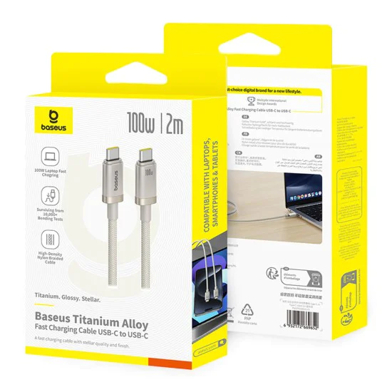 Baseus - Кабел за данни Титан (P10378100G21-01) - USB-C към Type-C, 100W, Бързо зареждане, 480Mbps, 2 м - Galaxy Титан Златен