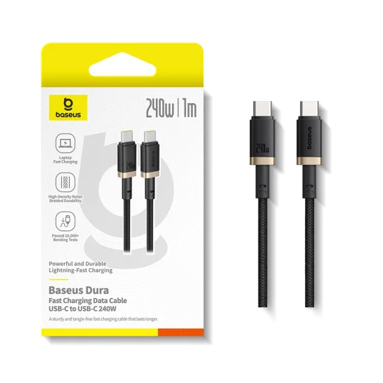 Baseus - Кабел за данни Dura Series (P10377803U03-00) - за MacBook, бързо зареждане, Type-C, PD 240W, 480Mbps, 1m - Златист / Черен