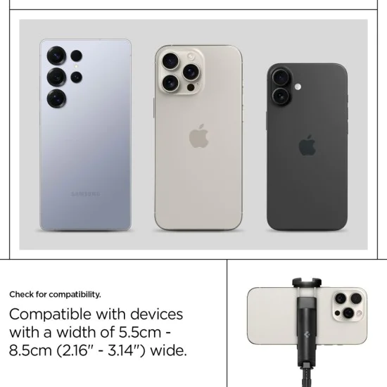 Spigen - Селфи стик (S541W) - с дистанционно управление, статив, стабилен, Bluetooth, сгъваем, неплъзгащи се силиконови подложки - черен