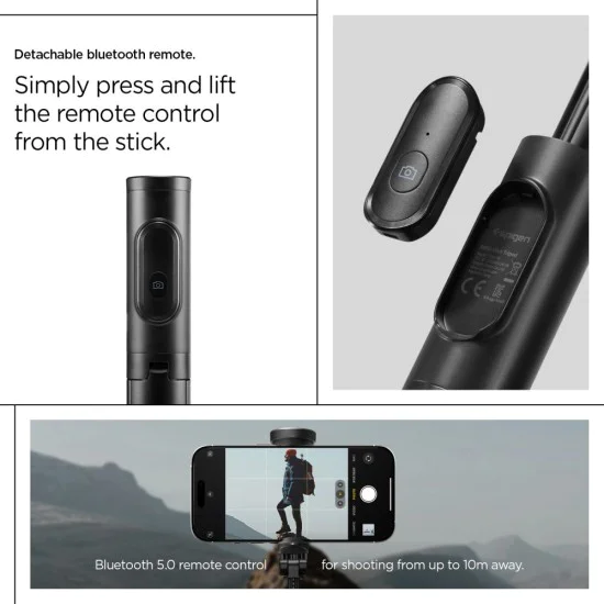 Spigen - Селфи стик (S541W) - с дистанционно управление, статив, стабилен, Bluetooth, сгъваем, неплъзгащи се силиконови подложки - черен