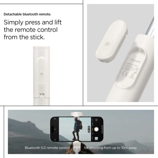 Spigen - Селфи стик (S541W) - с дистанционно управление, статив, стабилен, Bluetooth, сгъваем, неплъзгащи се силиконови подложки - Dune Beige