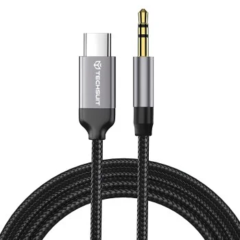 Techsuit - Премиум кабелен адаптер SoundShell (AC9) - USB-C към 3.5 мм жак, DAC чип, 16bit/48Khz, 1.5 м - Сив