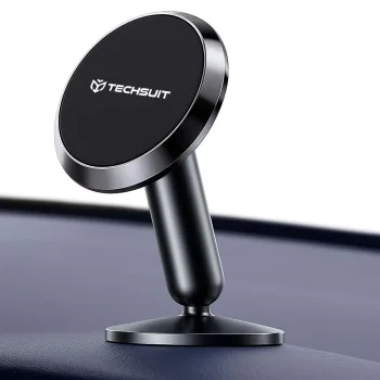 Techsuit - Стойка за кола TinyGrip (S11) - Универсална магнитна мобилна стойка, с метална плоча, силен магнит, 3M лепило - Черен