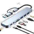 Techsuit - Докинг станция DataBridge 8 в 1 (H9) - USB, Type-C към 4x USB, Type-C, 3.5 мм жак, TF/SD карта - Сив