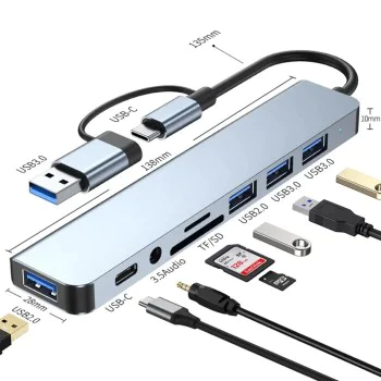 Techsuit - Докинг станция DataBridge 8 в 1 (H9) - USB, Type-C към 4x USB, Type-C, 3.5 мм жак, TF/SD карта - Сив