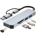 Techsuit - Докинг станция DataBridge 5 в 1 (H7) - USB, Type-C към USB 3.0, 2x USB 2.0, SD/TF карта - Сив