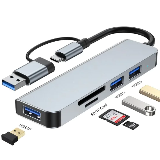 Techsuit - Докинг станция DataBridge 5 в 1 (H7) - USB, Type-C към USB 3.0, 2x USB 2.0, SD/TF карта - Сив
