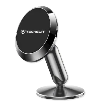 Techsuit - Стойка за кола TinyGrip (S11) - Универсална магнитна мобилна стойка, с метална плоча, силен магнит, 3M лепило - Черен
