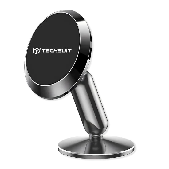 Techsuit - Стойка за кола TinyGrip (S11) - Универсална магнитна мобилна стойка, с метална плоча, силен магнит, 3M лепило - Черен