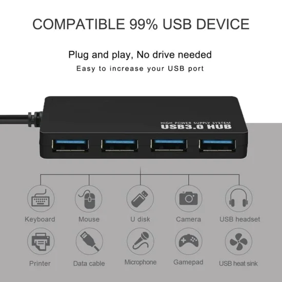 Techsuit - Докинг станция QuantumNode 4 в 1 (H15) - USB към 4x USB 3.0, ABS - Черна