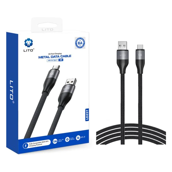 Lito - Кабел за данни (LD23T) - USB към Type-C, бързо зареждане, плетен найлон, 6A, 480Mbps, 1m - Сив