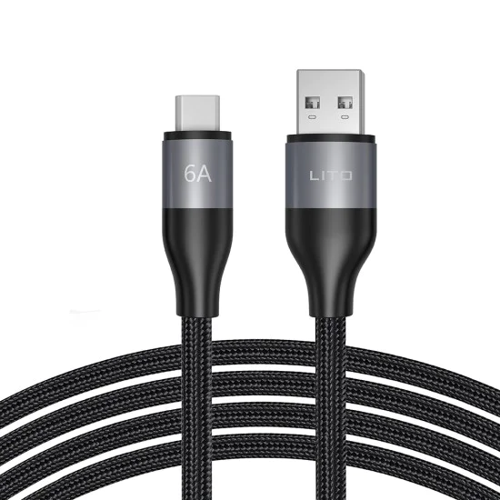Lito - Кабел за данни (LD23T) - USB към Type-C, бързо зареждане, плетен найлон, 6A, 480Mbps, 1m - Сив
