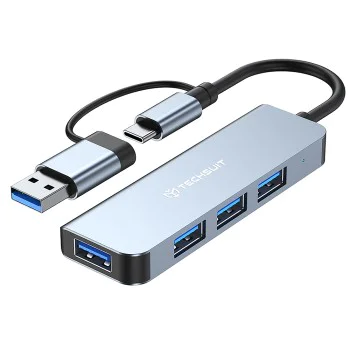 Techsuit - Докинг станция DataBridge 4 в 1 (H8) - USB, Type-C към USB 3.0, 3x USB 2.0 - Сив