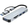 Techsuit - Докинг станция DataBridge 5 в 1 (H7) - USB, Type-C към USB 3.0, 2x USB 2.0, SD/TF карта - Сив