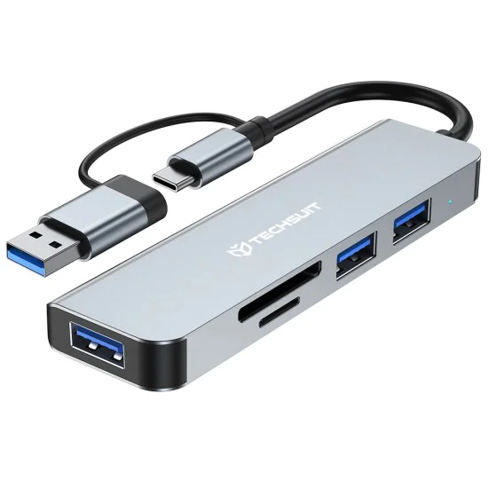 Techsuit - Докинг станция DataBridge 5 в 1 (H7) - USB, Type-C към USB 3.0, 2x USB 2.0, SD/TF карта - Сив