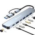 Techsuit - Докинг станция DataBridge 7 в 1 (H6) - USB, Type-C към USB 3.0, 4x USB 2.0, 2x Type-C - Сив