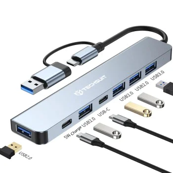 Techsuit - Докинг станция DataBridge 7 в 1 (H6) - USB, Type-C към USB 3.0, 4x USB 2.0, 2x Type-C - Сив