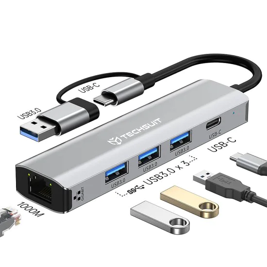 Techsuit - Докинг станция BoostNetLink 5в2 (H3) - USB, Type-C към 3x USB, 1x USB-C, Ethernet RJ45, 1000Mbps - Сив