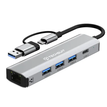 Techsuit - Докинг станция BoostNetLink 5в2 (H3) - USB, Type-C към 3x USB, 1x USB-C, Ethernet RJ45, 1000Mbps - Сив