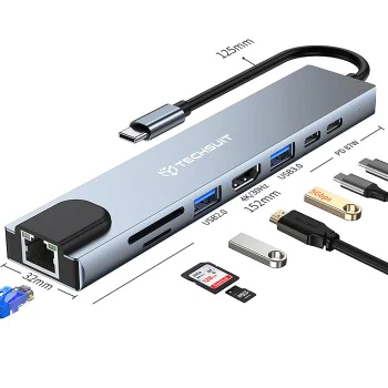Techsuit - Докинг станция NetBridge 8 в 1 (H2) - Type-C към 2x Type-C, 2x USB, HDMI, RJ45, TF/SD, 4K@30Hz, PD87W - Сив