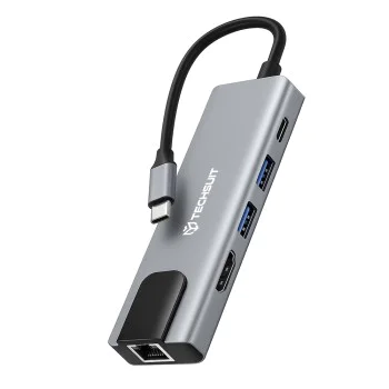 Techsuit - Докинг станция NetBridge 5 в 1 (H1) - Type-C към 1x USB2.0, 1x USB3.0, 1x Type-C, 1x HDMI, 1x RJ45, PD87W, 4K@30Hz - Сив