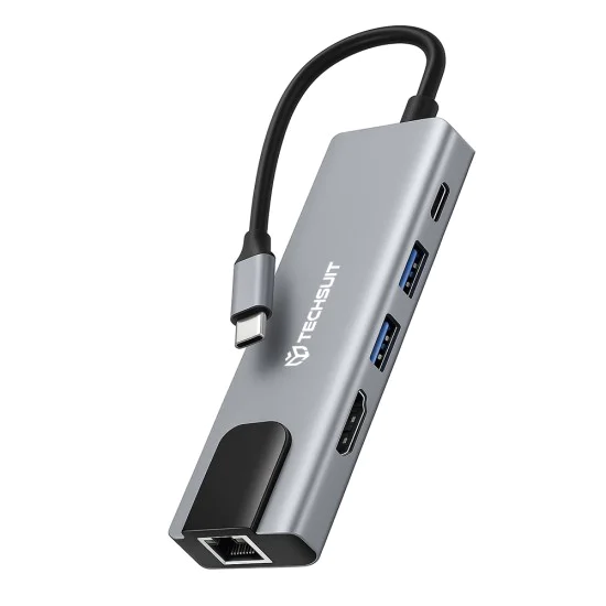 Techsuit - Докинг станция NetBridge 5 в 1 (H1) - Type-C към 1x USB2.0, 1x USB3.0, 1x Type-C, 1x HDMI, 1x RJ45, PD87W, 4K@30Hz - Сив