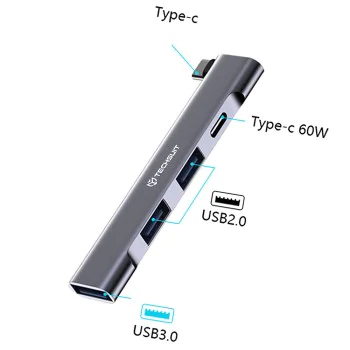 Techsuit - Докинг станция ZenithDock 4 в 1 (H12) - USB-C към 2x USB 2.0, 1x USB 3.0, 1x Type-C, 60W - Сив