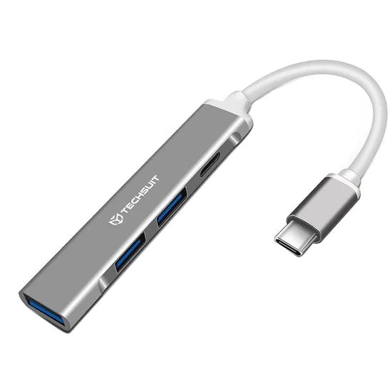 Techsuit - Докинг станция PolarisBridge 4 в 1 (H18) - USB-C към 1x USB 3.0, 2x USB 2.0, 1x Type-C - Сив/Бял