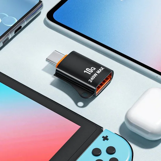 Techsuit - Премиум OTG адаптер HyperPort (A1) - USB 3.0 женски към Type-C мъжки, 10Gbps, 240W, алуминиева сплав - черен / оранжев