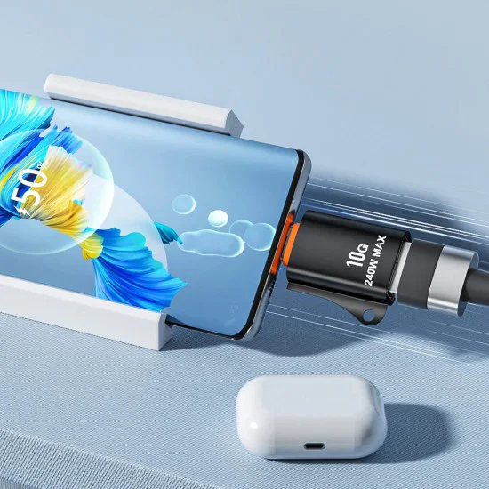 Techsuit - Премиум OTG адаптер HyperPort (A1) - USB 3.0 женски към Type-C мъжки, 10Gbps, 240W, алуминиева сплав - черен / оранжев