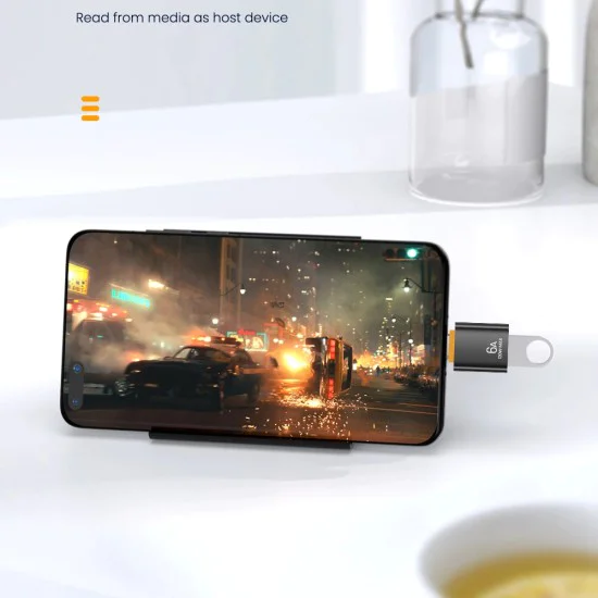 Techsuit - Премиум OTG адаптер HyperPort (A2) - USB към Type-C, 5Gbps, 6A, 120W, конвертор за компютър/лаптоп - черен / оранжев
