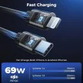 Techsuit - Премиум зарядно за кола NanoVoltX (C1) - с прибиращи се USB-C, Lightning кабели, USB 2.4A, PD30W, 69W, 180° - Сив