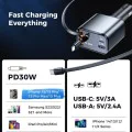 Techsuit - Премиум зарядно за кола NanoVoltX (C1) - с прибиращи се USB-C, Lightning кабели, USB 2.4A, PD30W, 69W, 180° - Сив