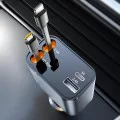 Techsuit - Премиум зарядно за кола NanoVoltX (C1) - с прибиращи се USB-C, Lightning кабели, USB 2.4A, PD30W, 69W, 180° - Сив
