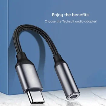 Techsuit - Премиум кабелен адаптер MusicDoX (AC8) - Type-C към Jack, Hi-Fi звук, DAC чип, 3A, 0.1 м - Сив