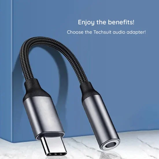 Techsuit - Премиум кабелен адаптер MusicDoX (AC8) - Type-C към Jack, Hi-Fi звук, DAC чип, 3A, 0.1 м - Сив