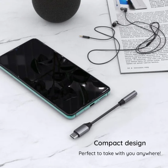 Techsuit - Премиум кабелен адаптер MusicDoX (AC8) - Type-C към Jack, Hi-Fi звук, DAC чип, 3A, 0.1 м - Сив