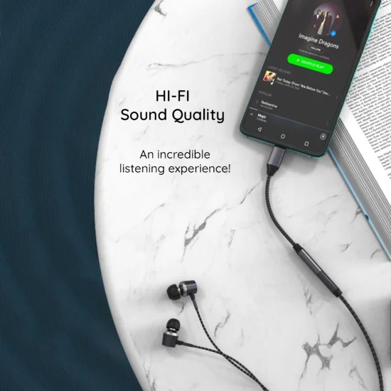 Techsuit - Премиум кабелен адаптер MusicDoX (AC8) - Type-C към Jack, Hi-Fi звук, DAC чип, 3A, 0.1 м - Сив