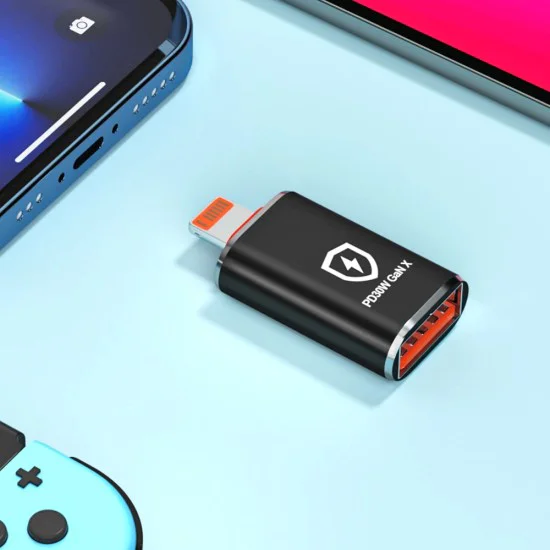 Techsuit - Премиум OTG адаптер HyperPort (A6) - USB 3.0 към Lightning, PD30W, 5Gbps, GaN, конвертор за iPhone - черен / оранжев