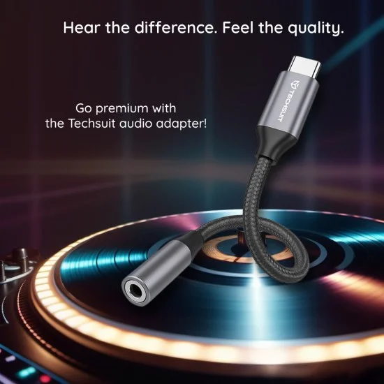 Techsuit - (2 броя) Премиум кабелен адаптер FuseXound (AC12) - Type-C към 3.5 мм жак, 3A, DAC чип, Plug and Play, оплетка - сив