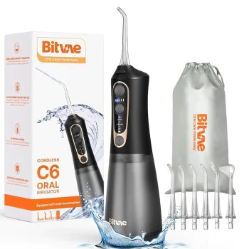 Bitvae - Воден флосър (C6) - По-голям размер 300 мл, с 6 дюзи, 3 режима, 5 интензитета, презареждащ се - Черен/Златен
